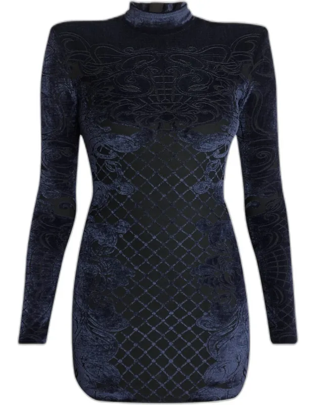 Baroque Velvet Strong-shoulder Long-sleeve Mini Dress