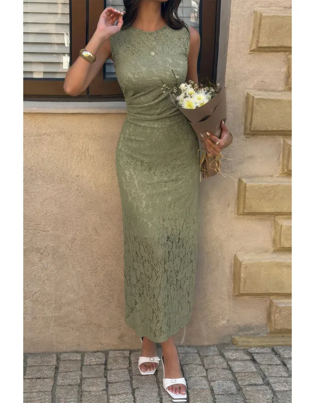 Refined Cocktail Party Lace Midi Ruched Waist Dress