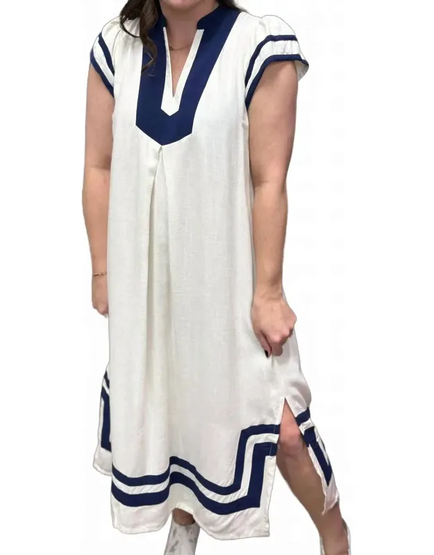 Linen Cotton Contrast Neckline Midi Dress