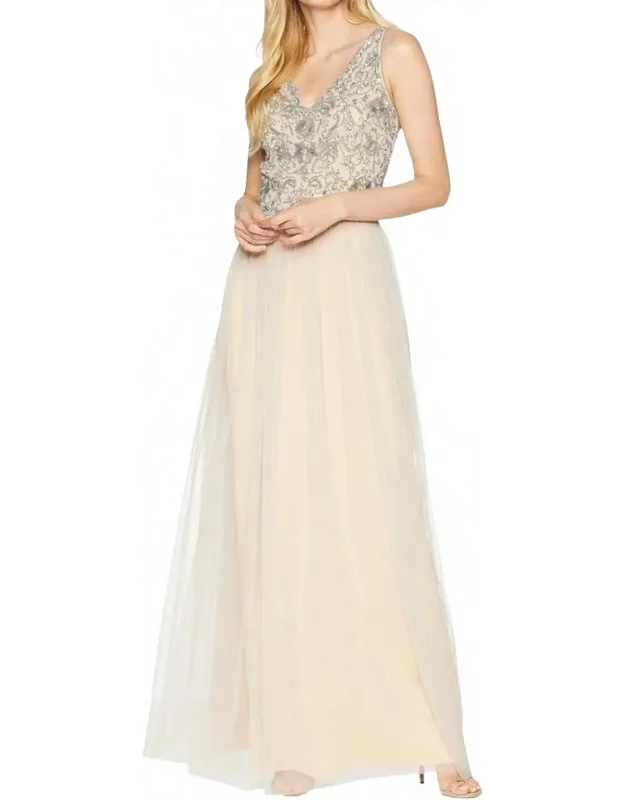 Beaded Sleeveless V-neck Bodice Gown