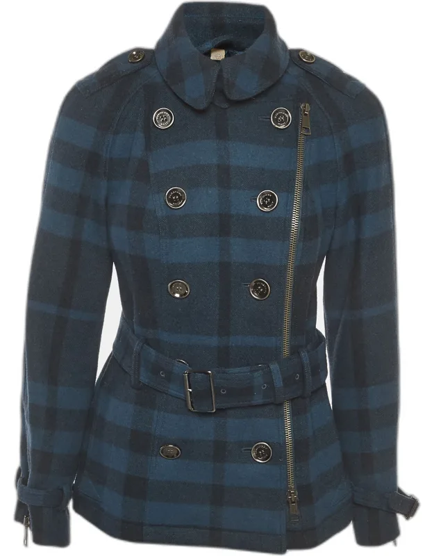 Plaid Wool Blend Belted Pea Coat