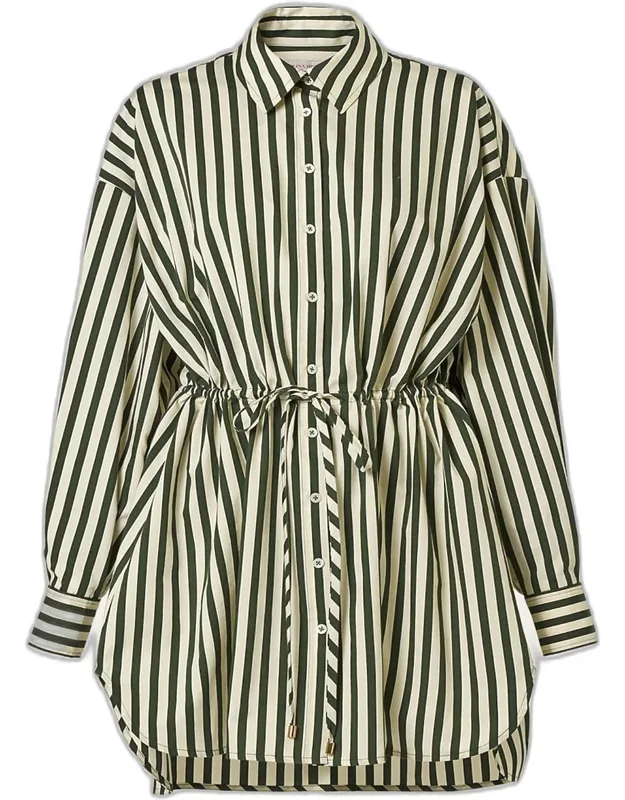 Striped Long-sleeve Drawstring Mini Shirtdress