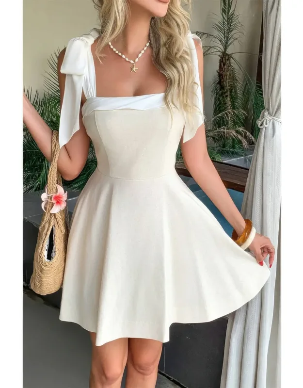 Square Neck Hide Zipper Tie Shoulder Dress