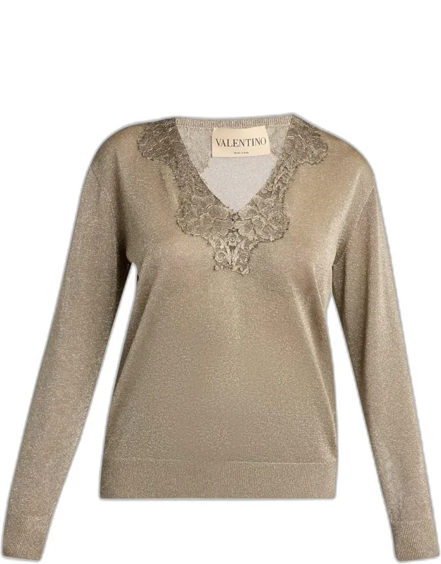Lace-trim Metallic Knit V-neck Sweater
