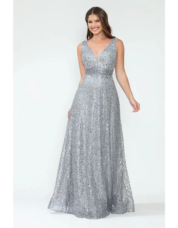 Sequin A-line Evening Gown With Deep V-neck And Glitter Beaded Waist