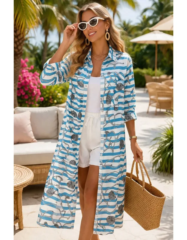 Coastal Luxe Stripe And Shell Maxi Shirt Dress Duster