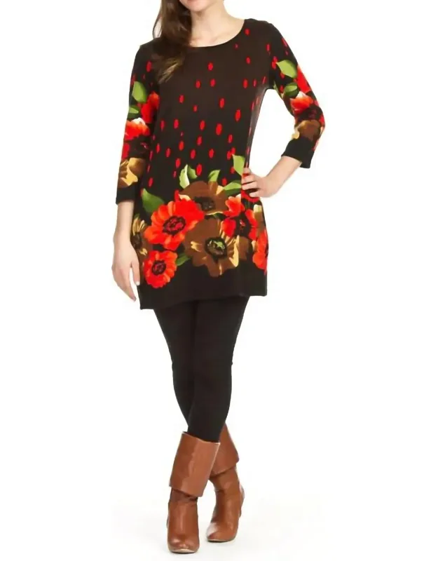 Floral Polka Dot Border Print 3/4 Sleeve Dress