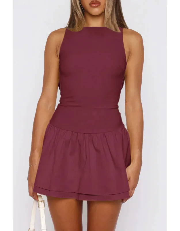Boat Neck Sleeveless Ruched Ruffle Hem Mini Dress