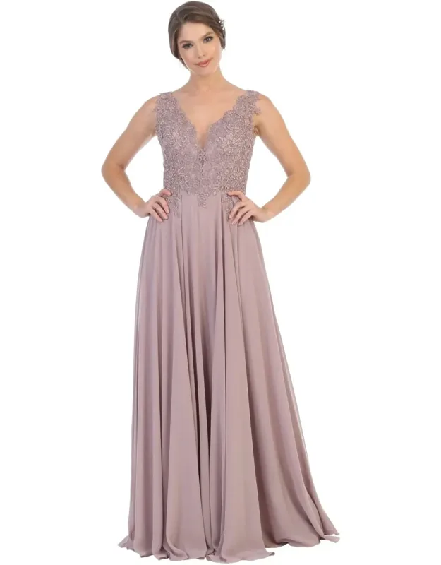 Lace Bodice Chiffon A-line Formal Evening Dress With V-neck And Open Back