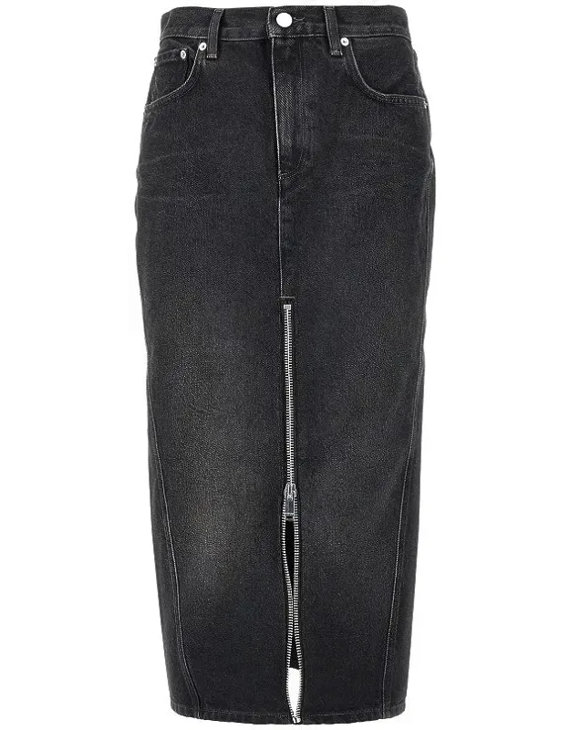 Denim Midi Skirt With Front Zip