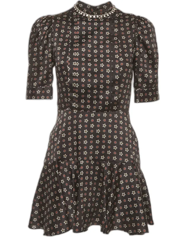 Crystal Embellished Star Print Satin Mini Dress
