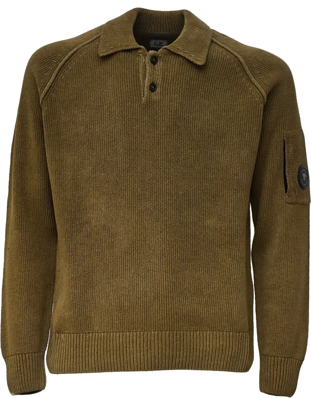 Chenille Cotton Polo Sweater With Ribbed Texture And Pocket Detail