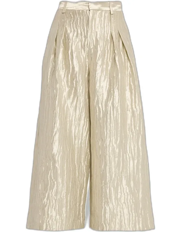 Wide-leg Metallic Double-pleat Pants