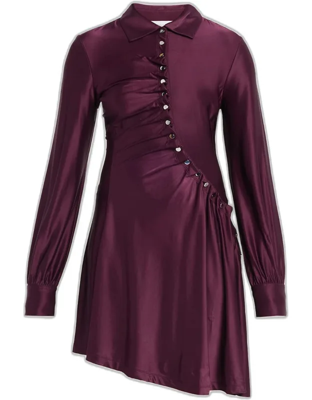 Asymmetric Gathered Button Long-sleeve Shirtdress