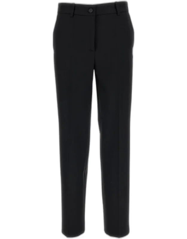 Straight-leg Trousers Made From Stretch Wool With Pressed Crease, Mid-rise, Front Closure With Button And Zip, Waist Belt Loops, Two Side Pockets, And Two Back Welt Pockets