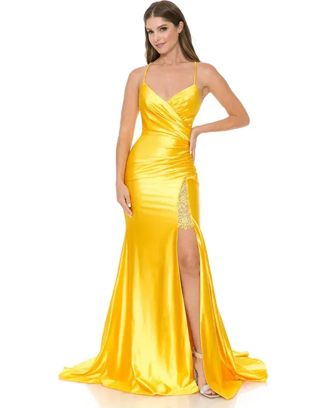 Satin Mermaid Evening Gown With Lace Slit & Corset Back