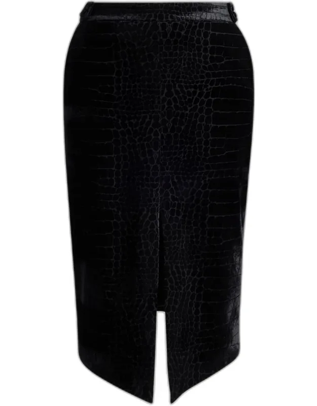 Croco-embossed Velvet Midi Skirt