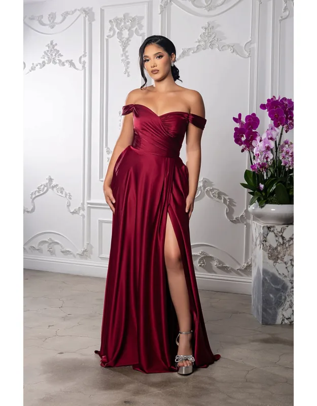 Off Shoulder Satin Dress With High Slit Pockets & Corset Lace-up Back