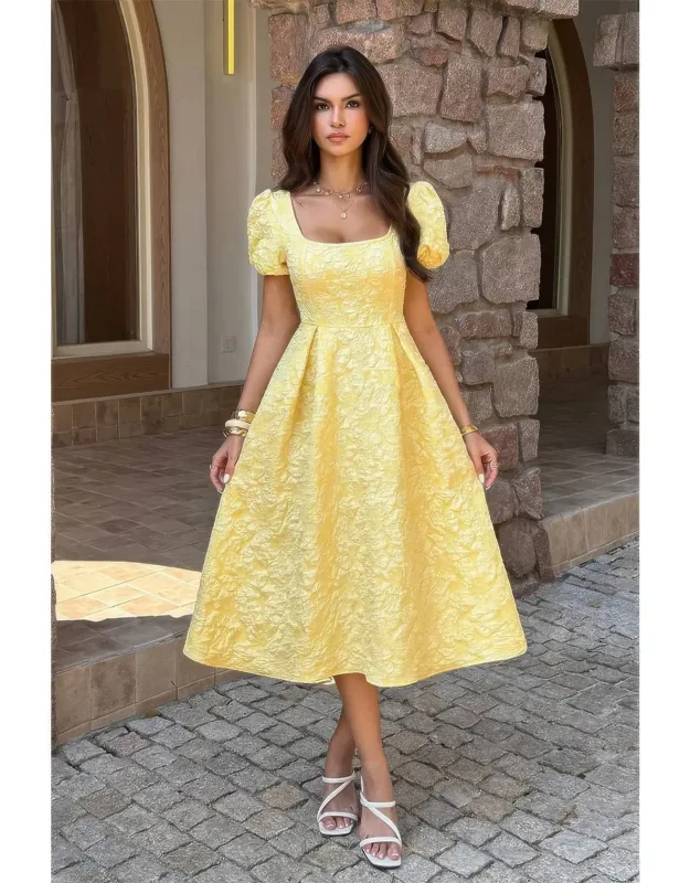 Square Neck Puff Sleeve Midi Dress