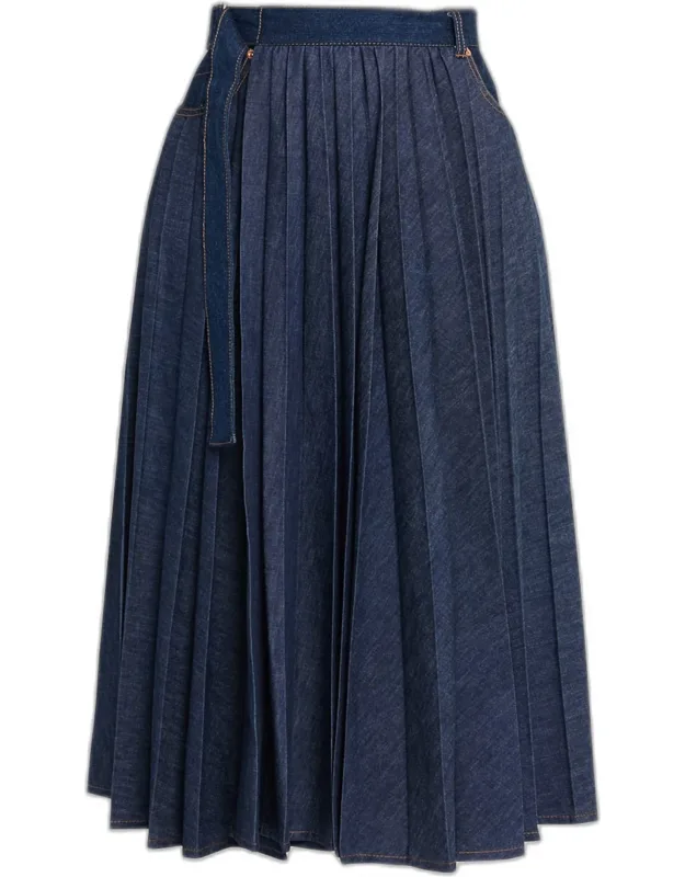 Belted Pleated Denim Midi Skirt