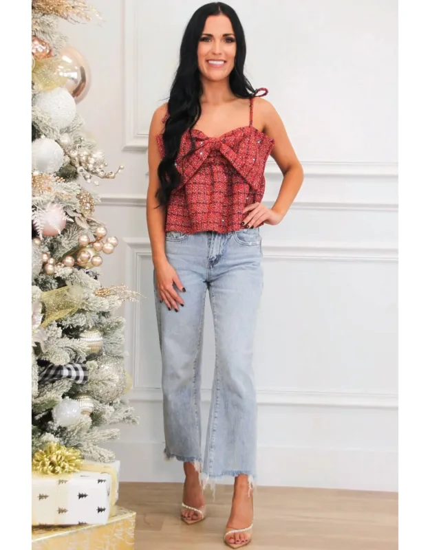 Tweed Sequin Bow Strap Top