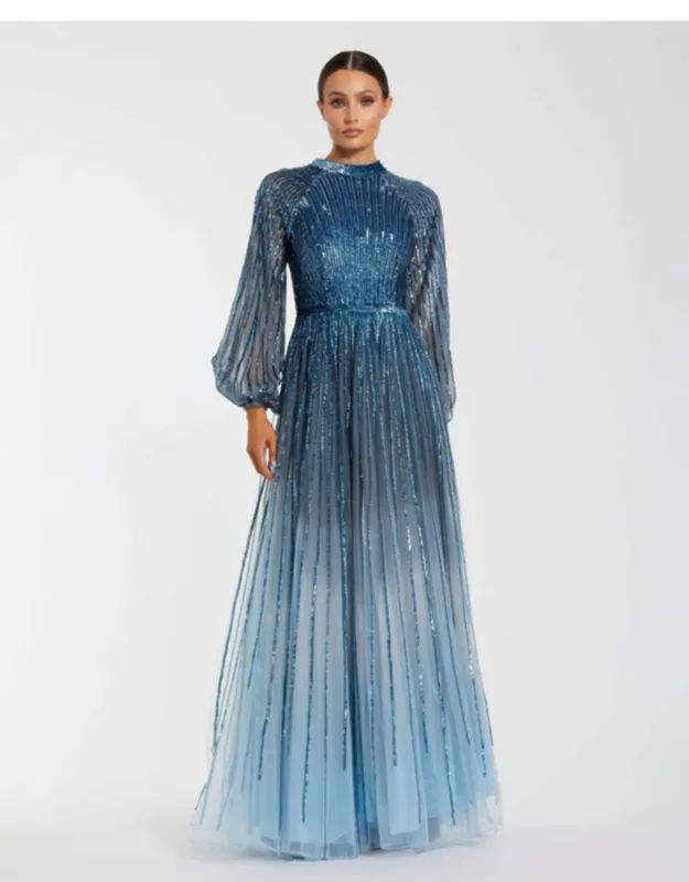 Petite Ombré Sequin Long Sleeve A-line Evening Dress - Us 6p