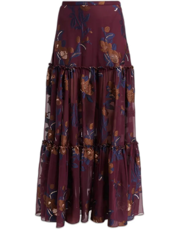 Floral Embroidered Tiered Maxi Skirt