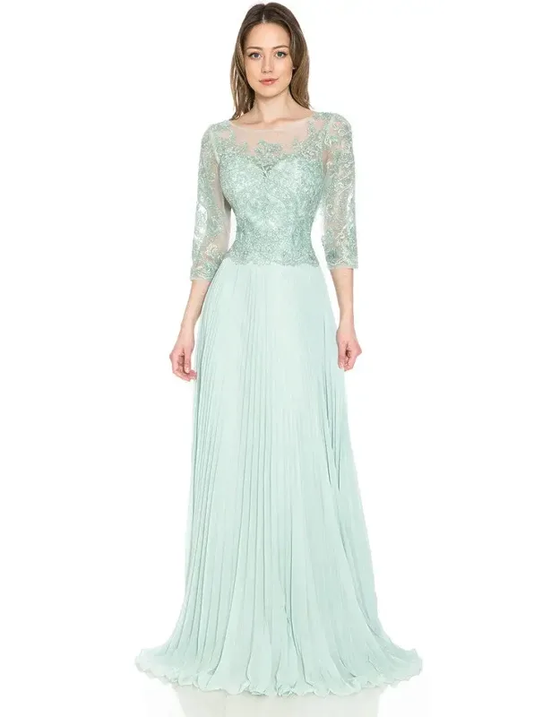 Pleated A-line Dress With Lace Bodice & 3/4 Sleeves