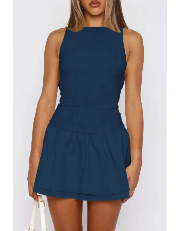 Boat Neck Sleeveless Ruched Ruffle Hem Mini Dress