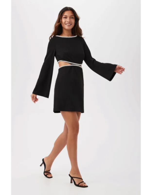 Sabia Long-sleeve Crepe Knit Dress With Rhinestone Trim And Waist Cutouts