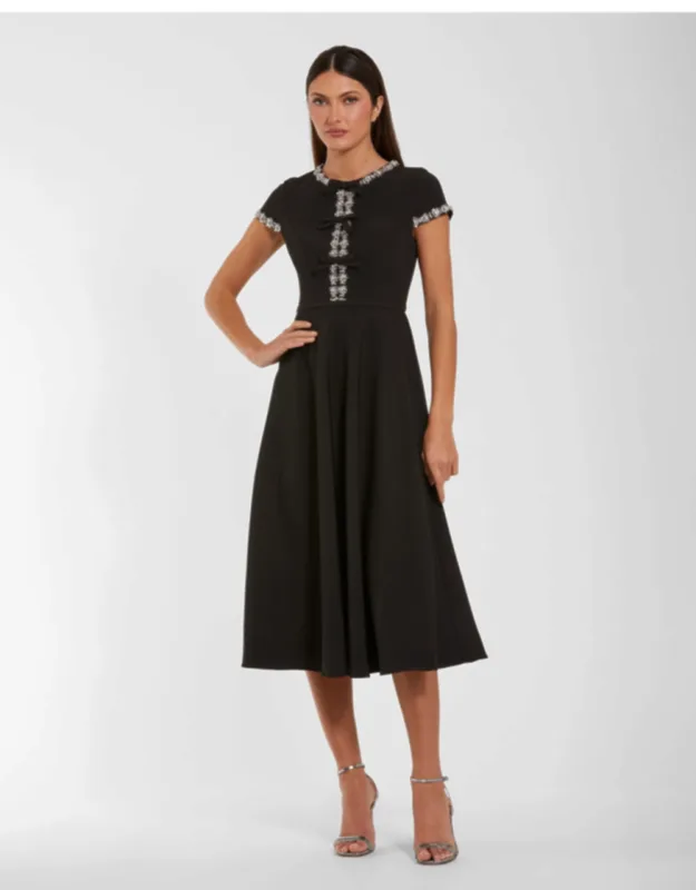 Embellished Crepe Cap Sleeve Midi Dress