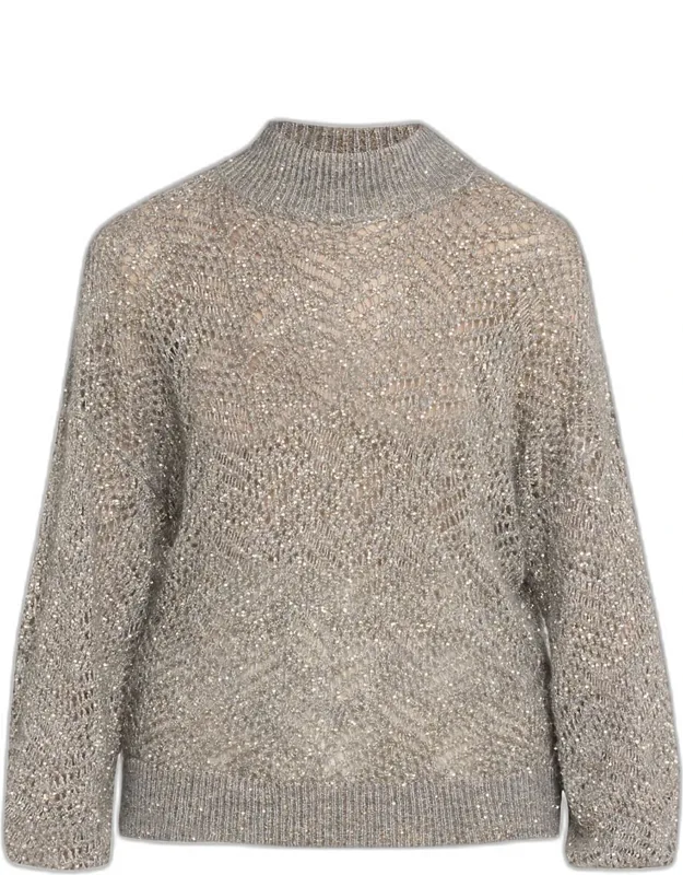 Airy Shimmer Open-knit Mock Neck Sweater