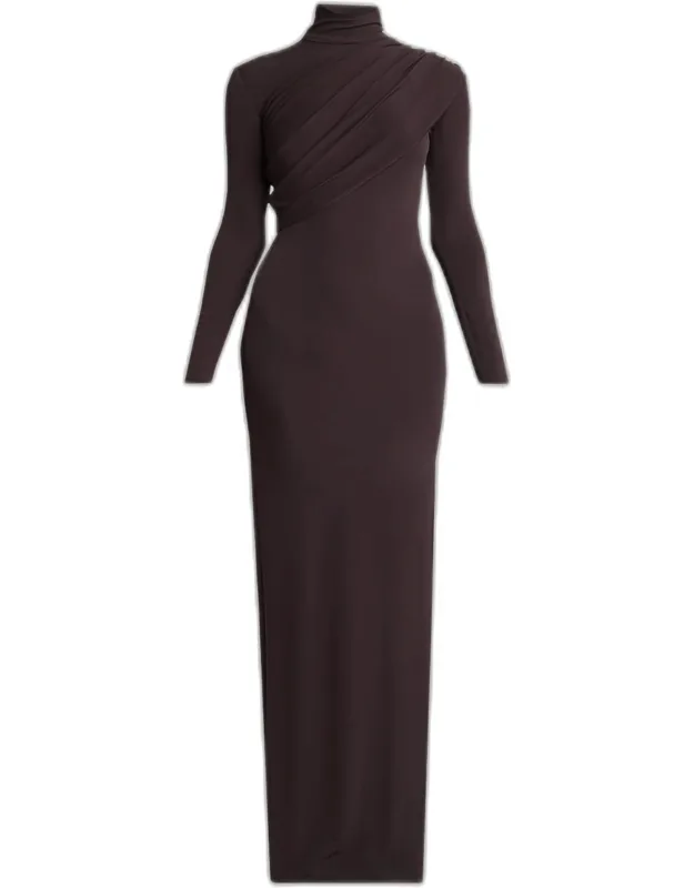 Turtleneck Twisted Jersey Long-sleeve Gown