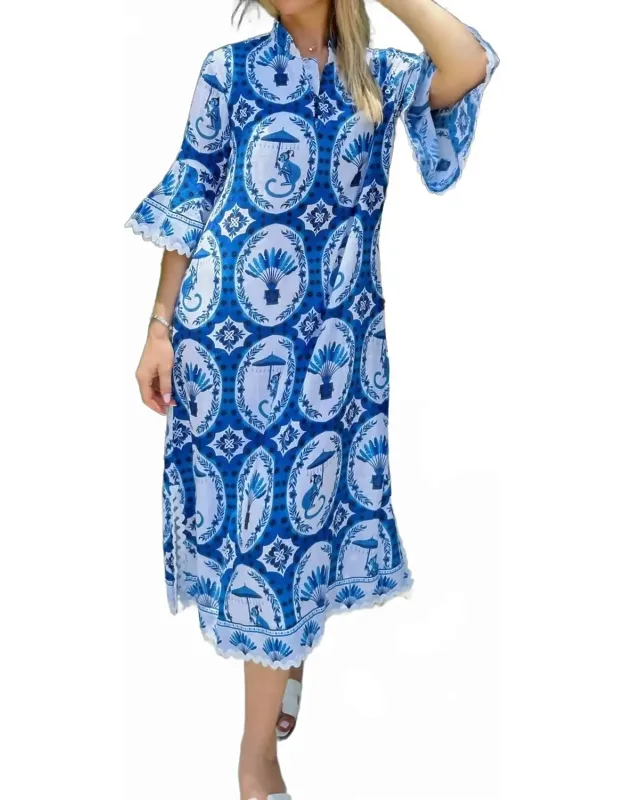 Como Midi Dress In Chinoiserie With Three-quarter Bell Sleeves And Side Slits