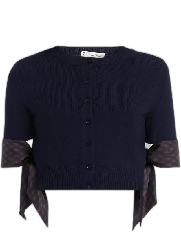 Argyle Silk Cuffs Crop Crewneck Cardigan