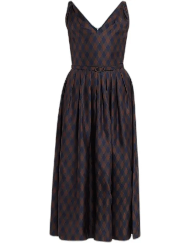 Sleeveless Argyle Silk Belted Midi Dress