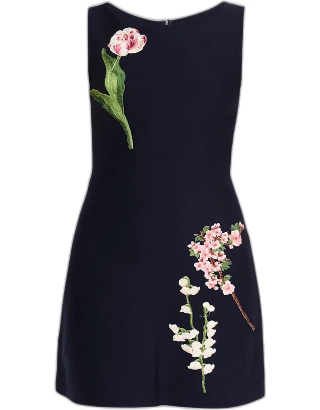 Floral Embroidered Wool Knit Mini Dress