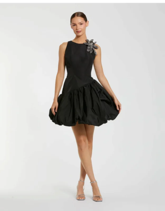 Bubble Hem Mini Dress With 3d Floral Appliqué