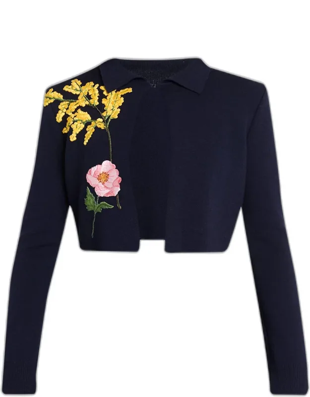 Floral Embroidered Wool Crop Collared Cardigan