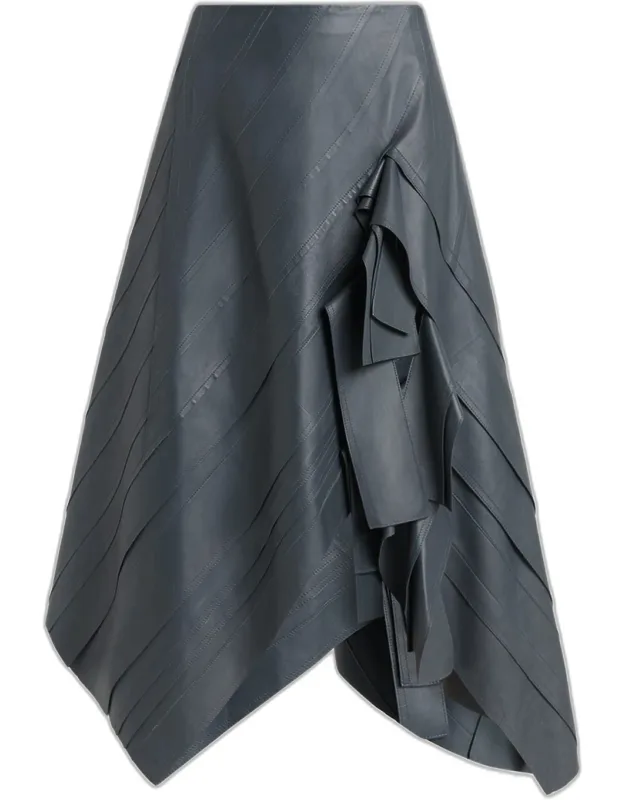 Asymmetric Ruffled Leather Midi Skirt