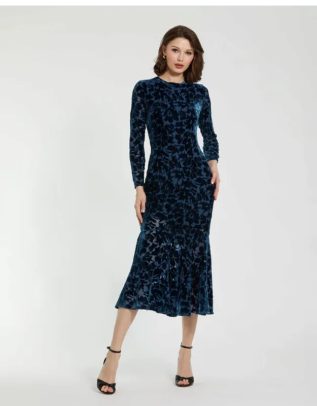 Burnout Velvet Long Sleeve Midi Dress