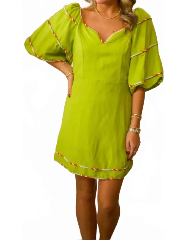Multi Trim Sweetheart Puff Sleeve Dress