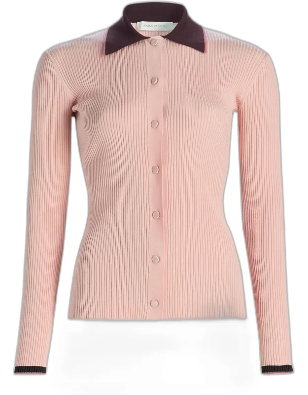 Cutaway Collar Rib-knit Cardigan