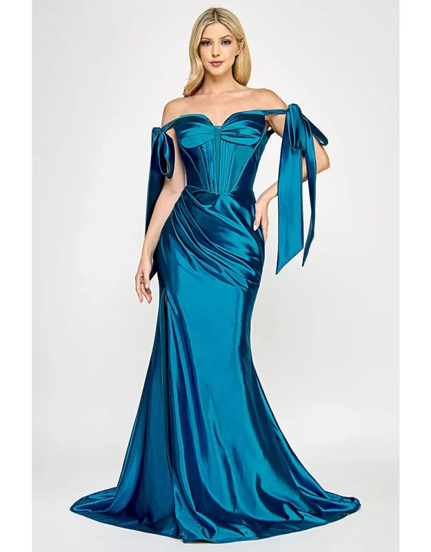 Satin Off-shoulder Corset Gown With Draped Skirt & Side Slit