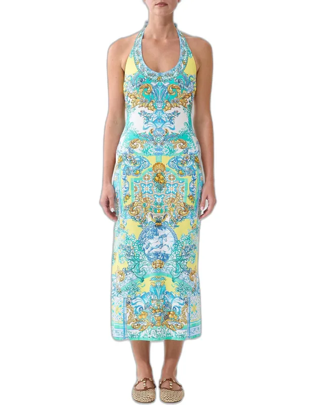 Dial Up The Tiles Print Jersey Halter Cover-up Midi Dress