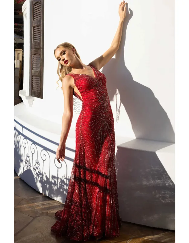 Sleeveless Beaded Illusion Formal Dress