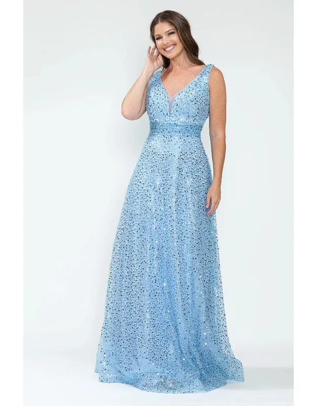 Sequin A-line Evening Gown With Deep V-neck And Glitter Beaded Waist