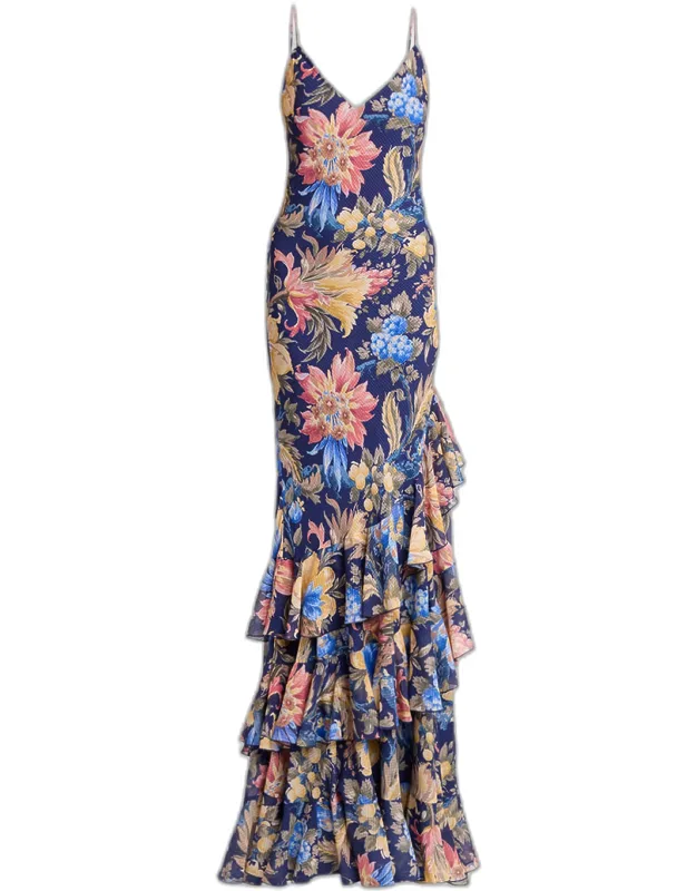 Floral Seersucker Ruffled Maxi Dress