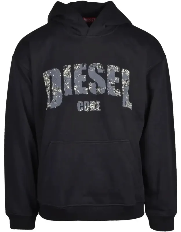 Hoodie With Distressed Logo And Kangaroo Pocket