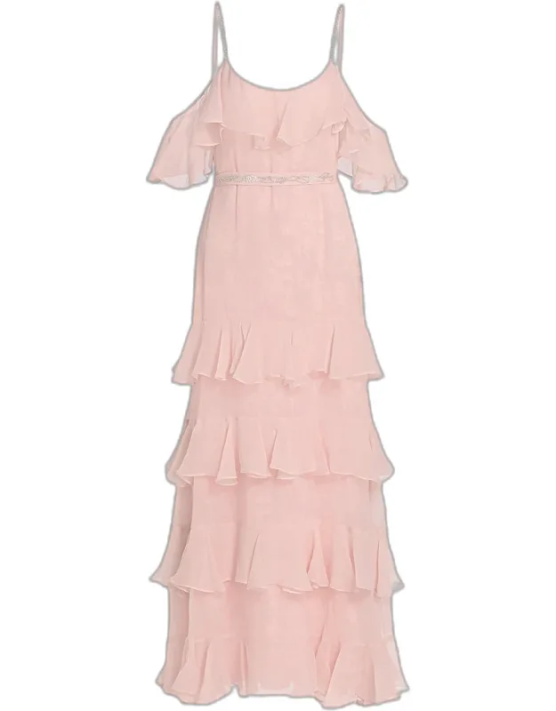 Laelia Rose-print Ruffled Silk Maxi Dress